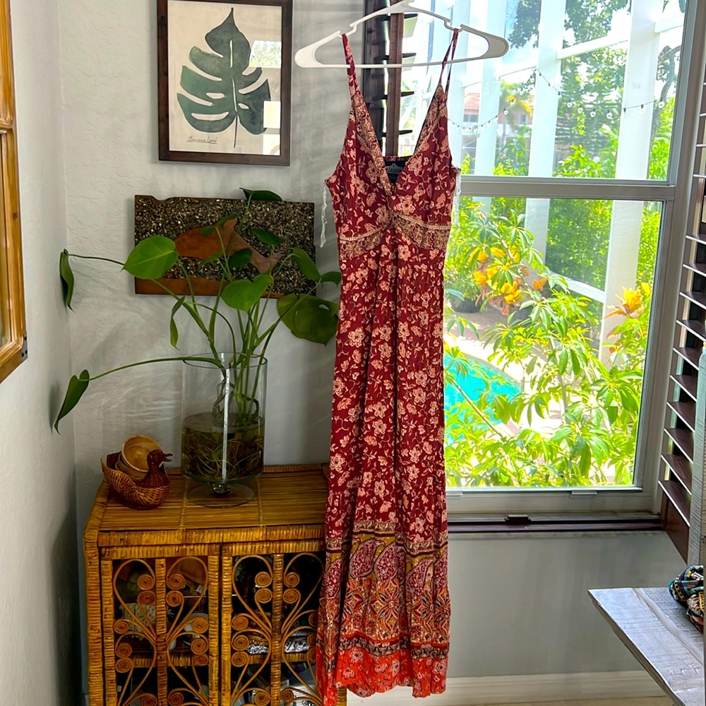 Angie Green Boho Maxi Dress Size L Rayon V Neck Adjustable Straps